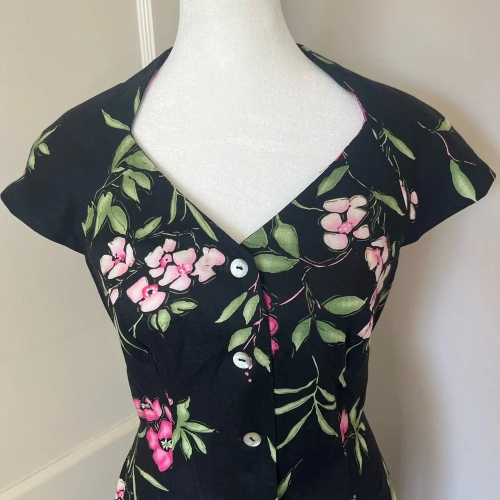 VTG 90S DRESSBARN moody pink Floral Black button dress cross back sz 8 50s 60s - Picture 2 of 11
